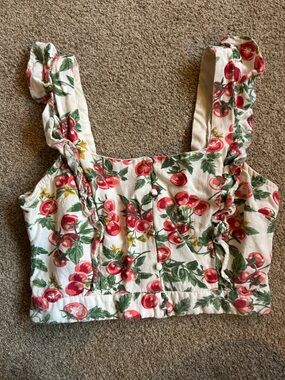 White Cherry-Print Crop Top with Ruffle Straps SZ MED
